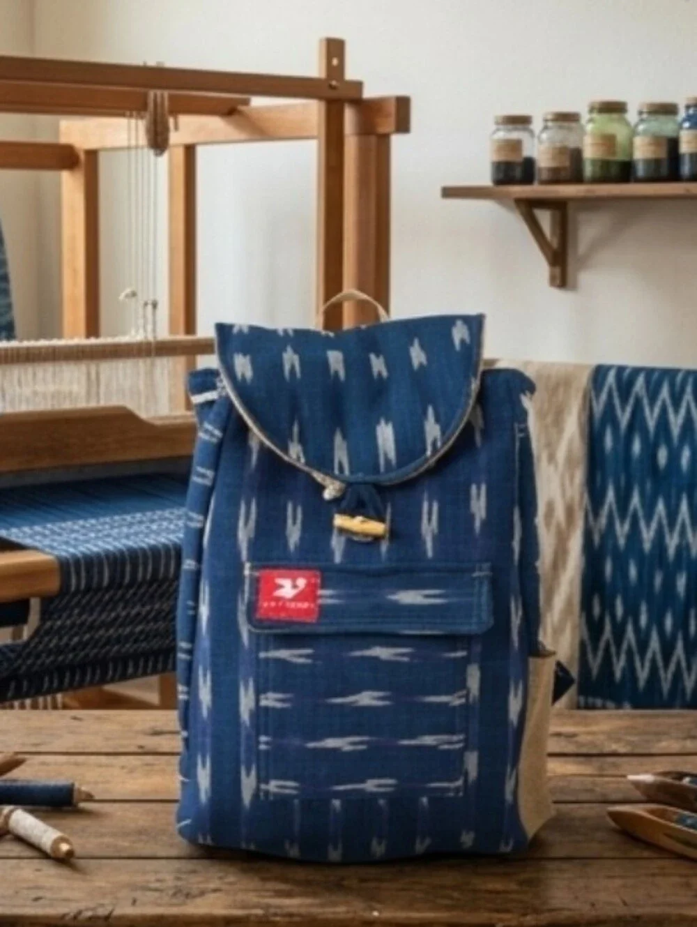 Taaluma Totes Guatemala Travel Backpack Blue Woven Ikat Boho Shark Tank
